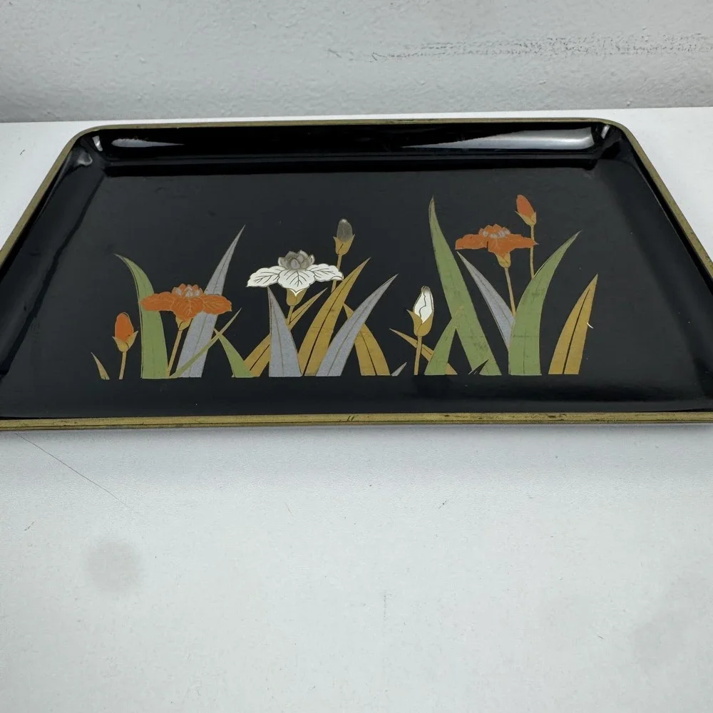 VVtg Otagiri Japan Black Lacquer Tray Iris Floral Gold MCM Serving‎ Trayr